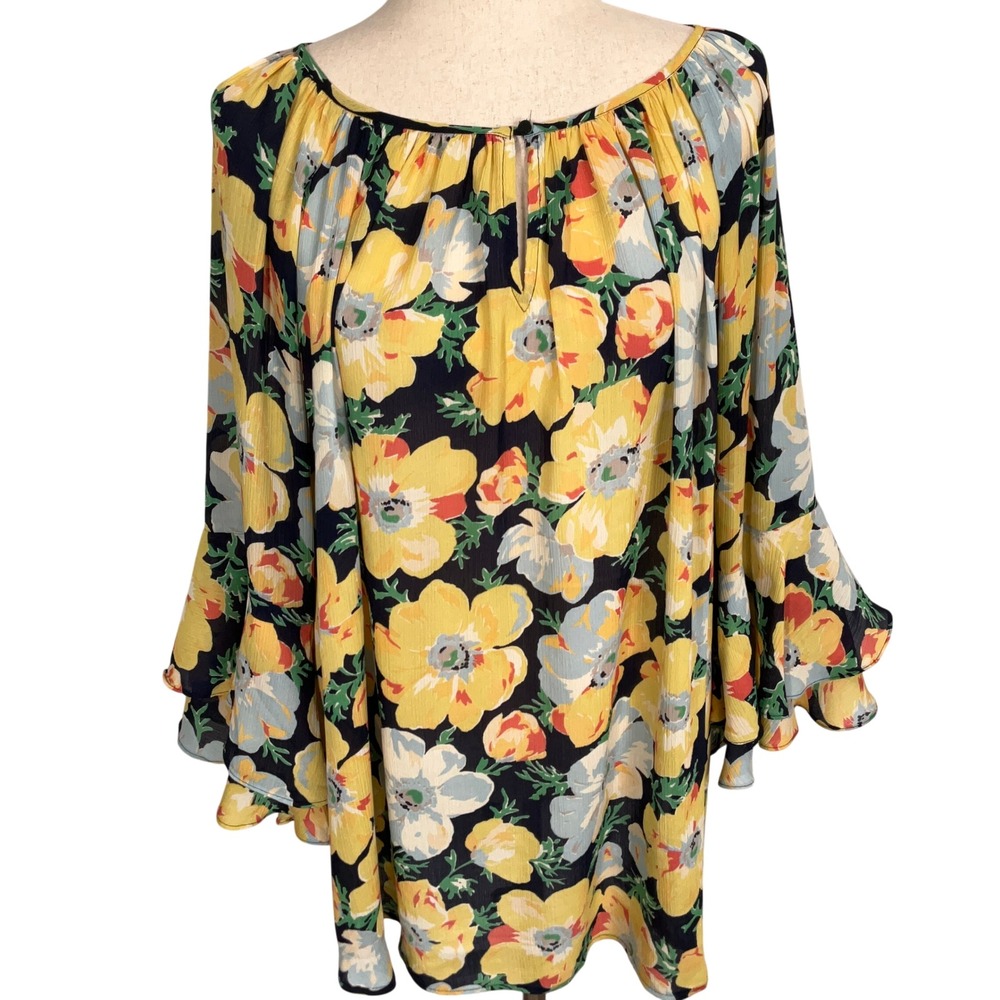 Chaps Blouse Women 3XL Yellow Black Floral Ruffle Bohemian Top Peasant Summer